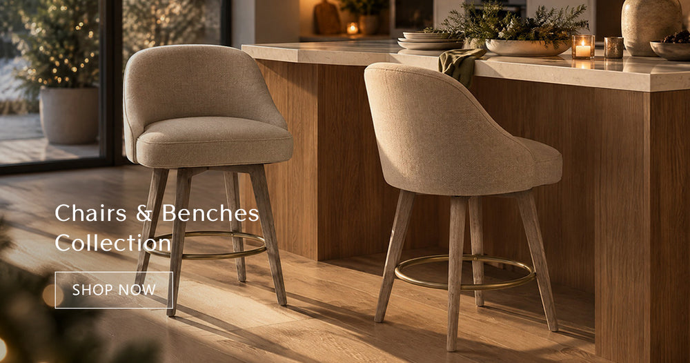Chairs & Benches Collection homepage banner. Upholstered swivel counter stools, 360-degree rotation, solid wood legs, metal footrest, polyester fabric. Links to chairs and benches category page.