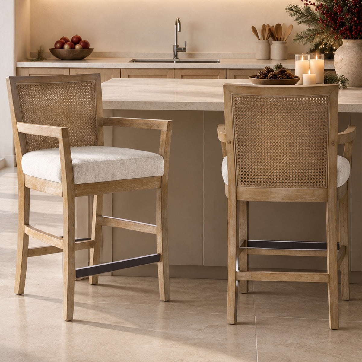 Diedra Reclaimed Wood Counter Stool with Natural Rattan Back and Upholstered Seat