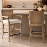 Diedra Reclaimed Wood Counter Stool with Natural Rattan Back and Upholstered Seat