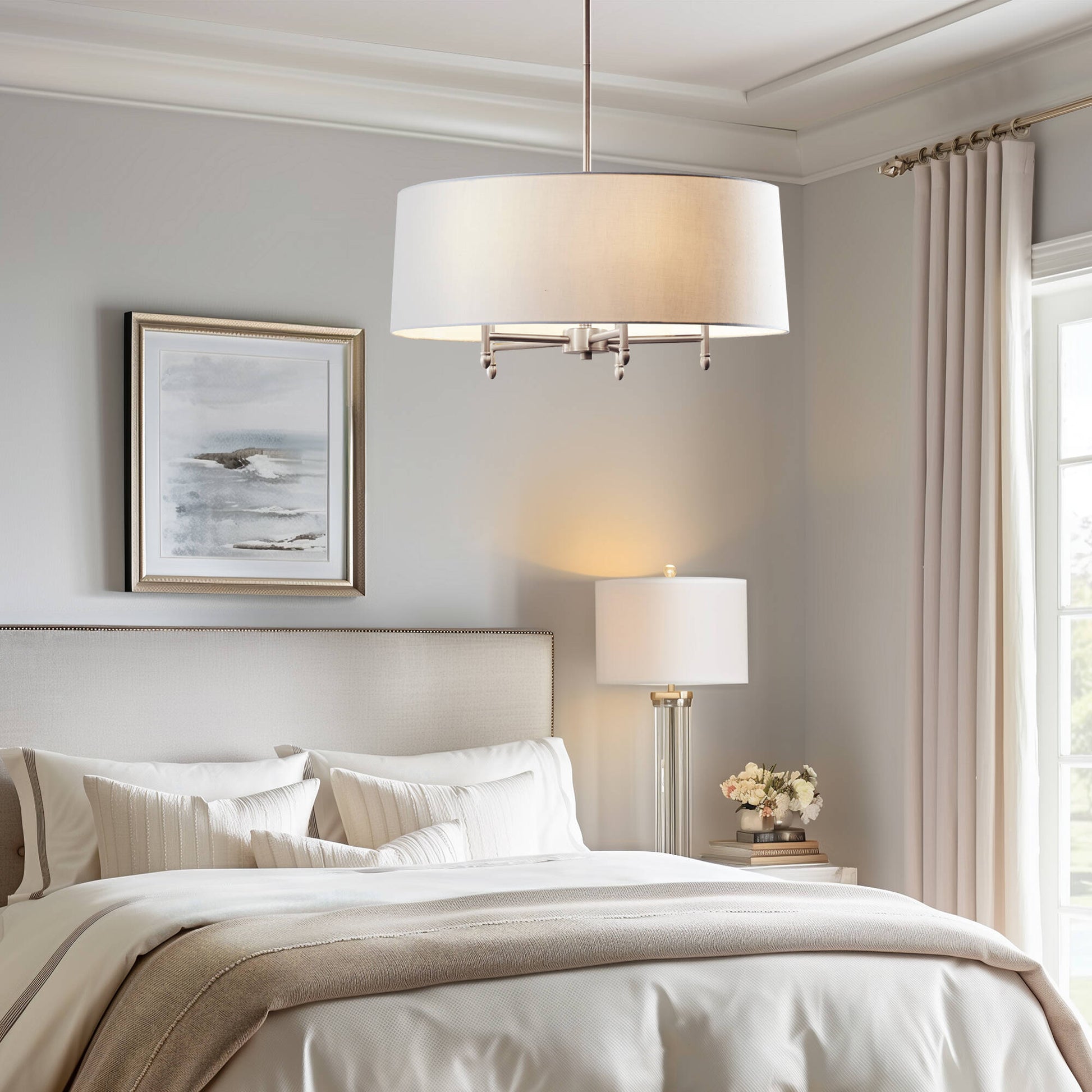 Hampton Hill Presidio 5-Light Dimmable Chandelier with Drum-shaped Fabric Shade & Adjustable Height