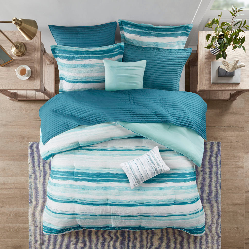 Madison Park 8 Piece Printed Seersucker Comforter and Quilt Set Collection