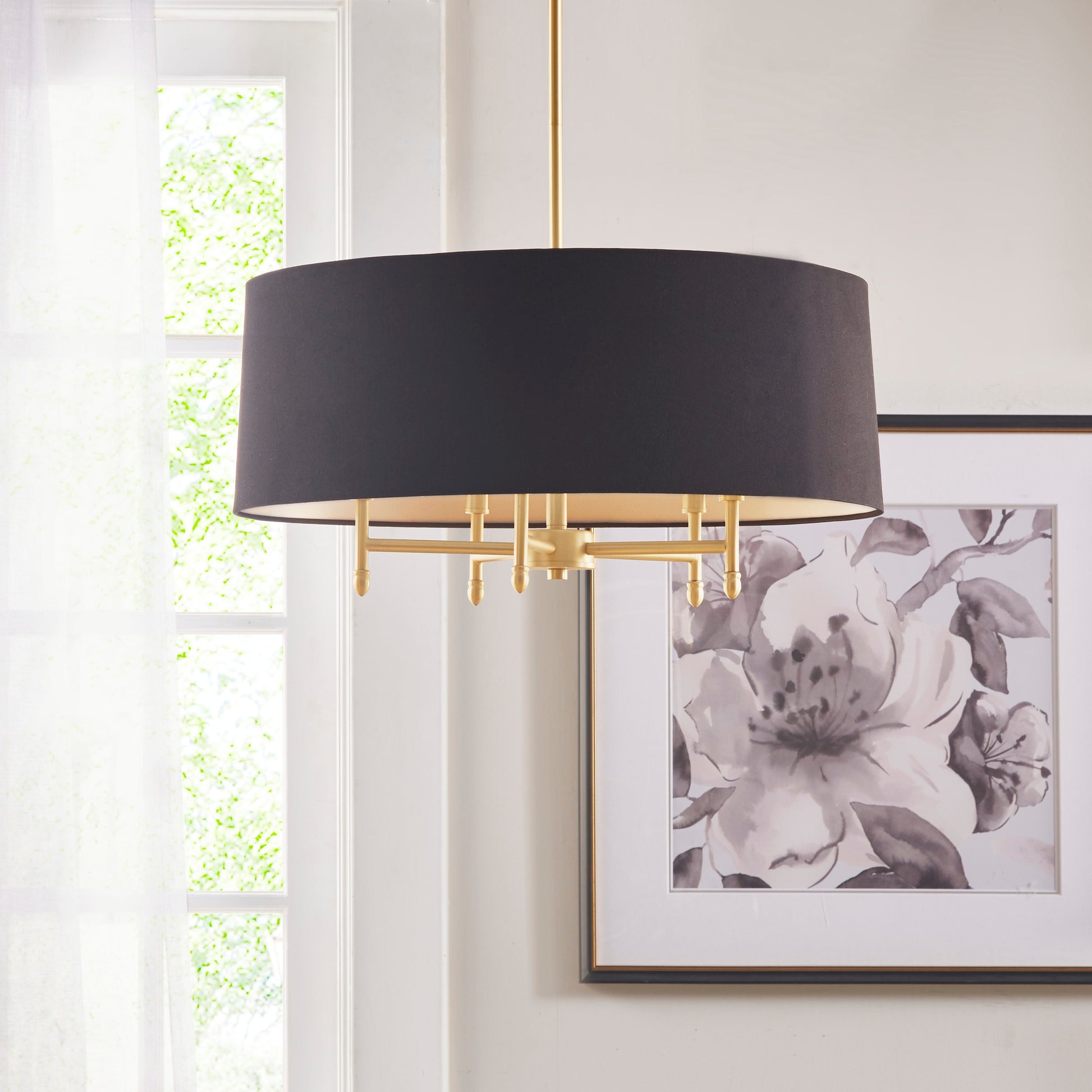 Hampton Hill Presidio 5-Light Dimmable Chandelier with Drum-shaped Fabric Shade & Adjustable Height