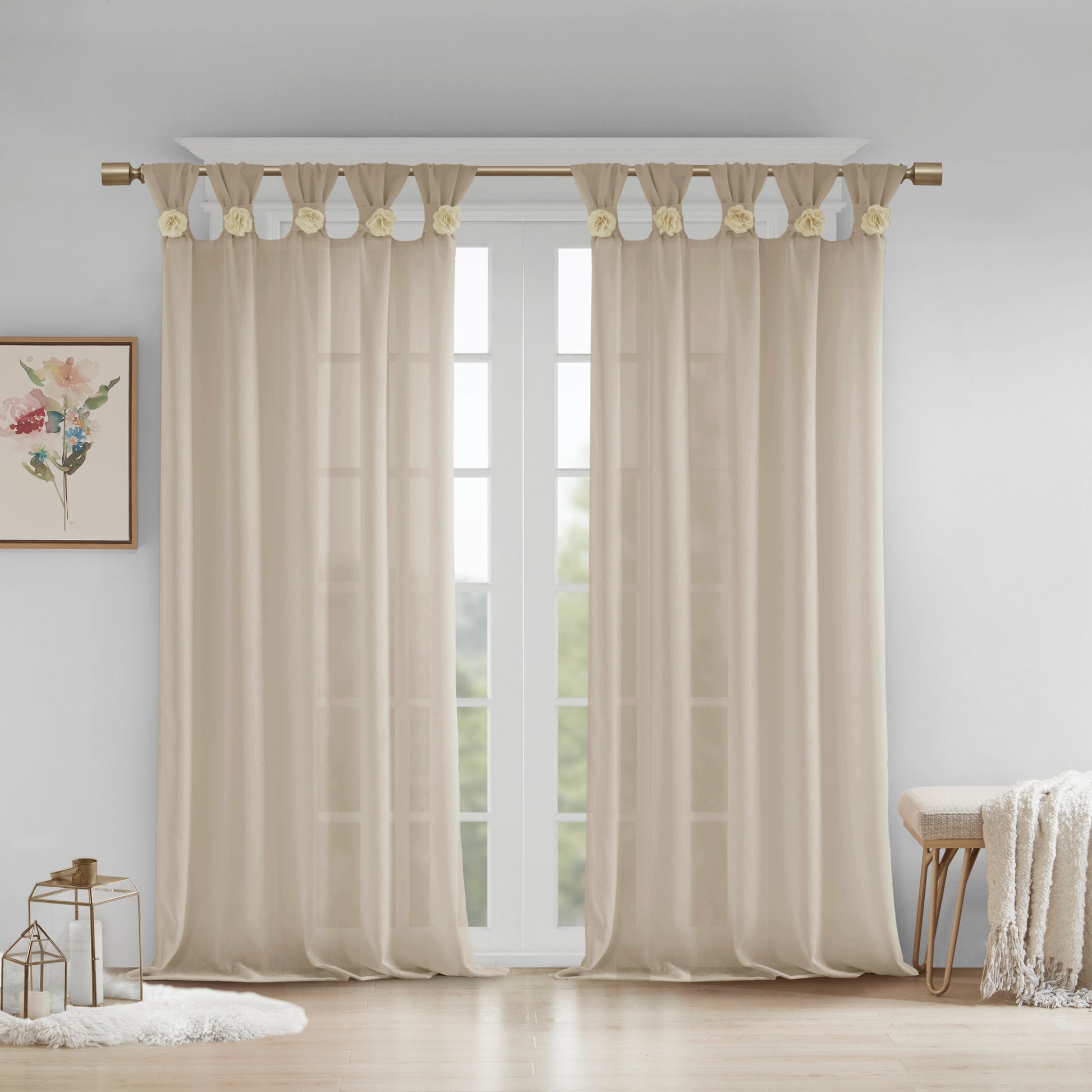 Madison Park Floral Embellished Cuff Tab Top Solid Curtain Panel