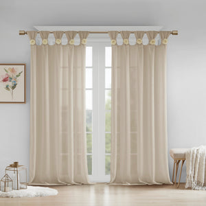 Rosette Floral Embellished Cuff Tab Top Solid Curtain Panel