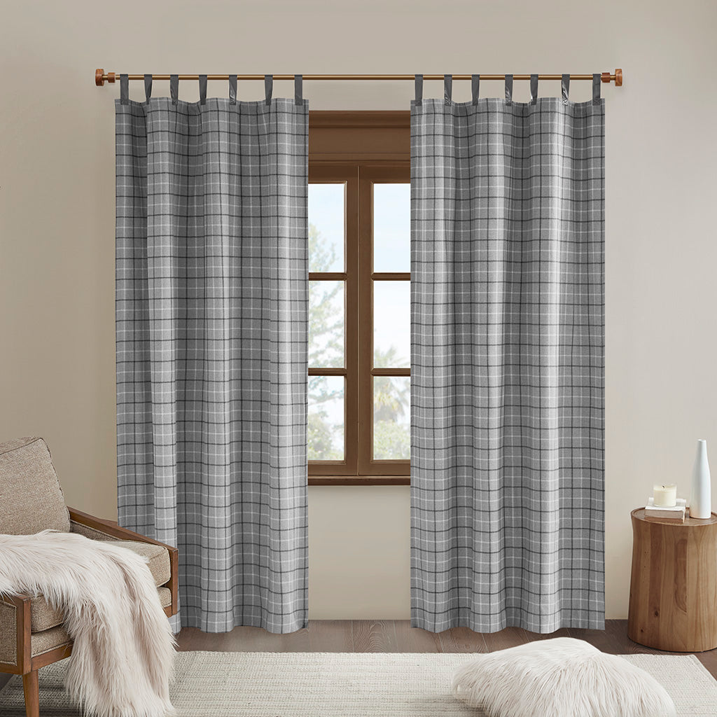 Madison Park Plaid Faux Leather Tab Top Curtain Panel with Fleece Lining