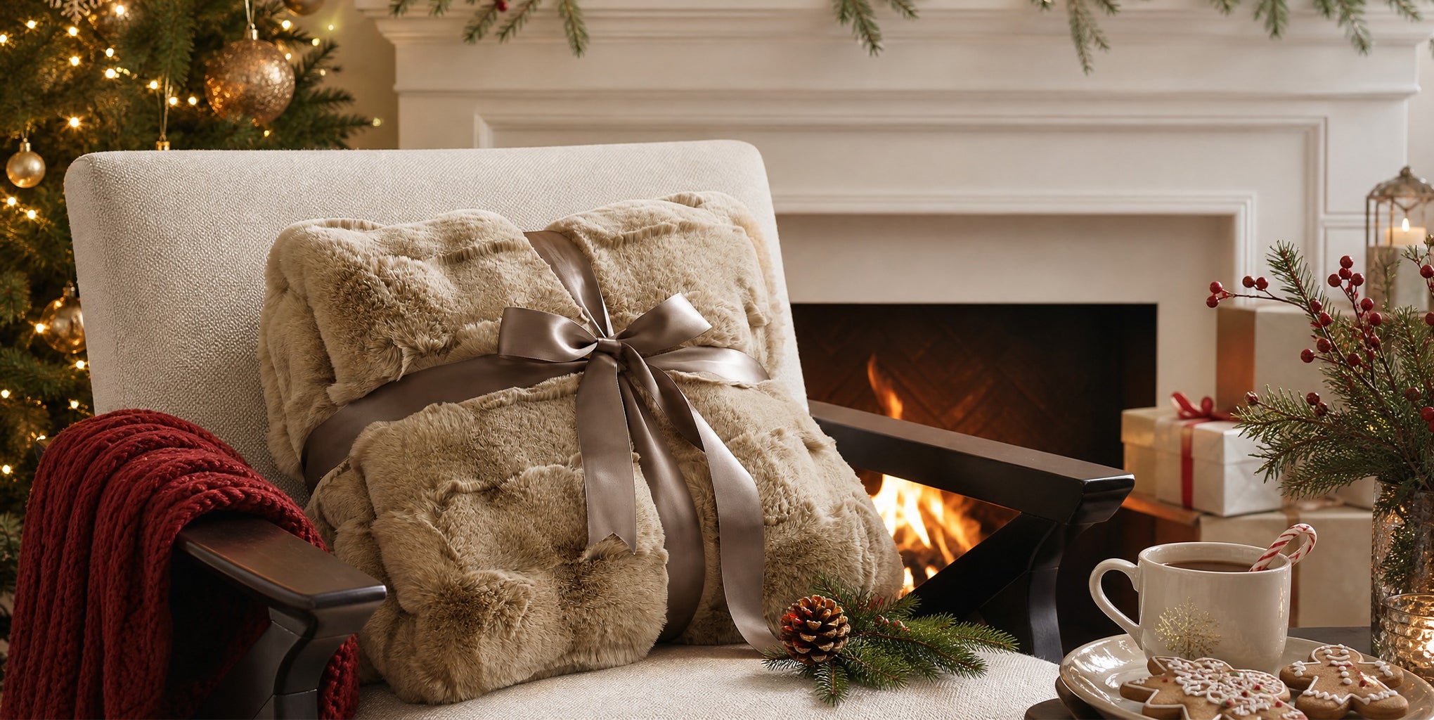 Madison Park Vivienne Luxury Faux Fur Throw. The ultimate cozy gift this holiday season, wrapped in a satin ribbon by a crackling fireplace, surrounded by pinecones, presents, and hot cocoa. Explore gifting ideas.