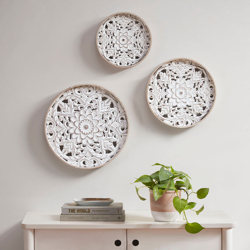 Madison Park Distressed White Floral 3-piece Carved Wood Wall Decor Set