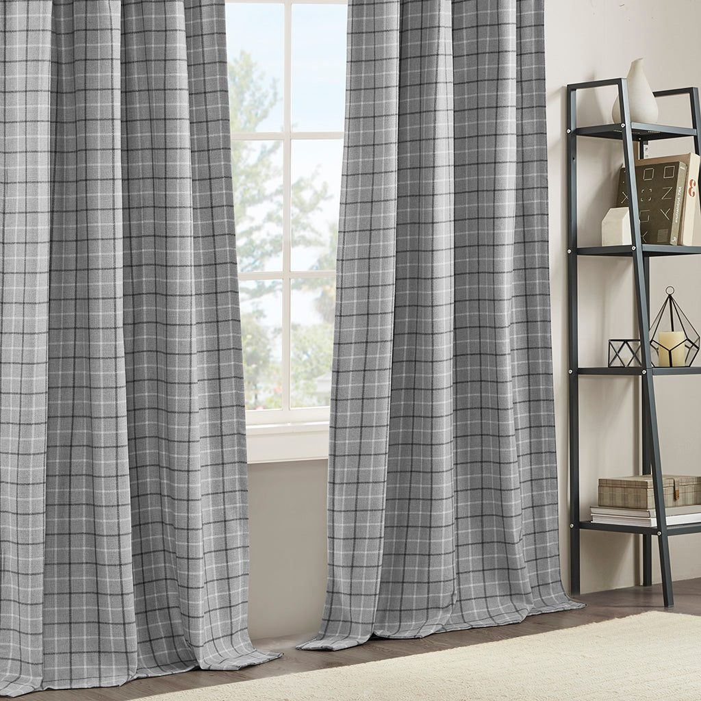 Madison Park Plaid Faux Leather Tab Top Curtain Panel with Fleece Lining