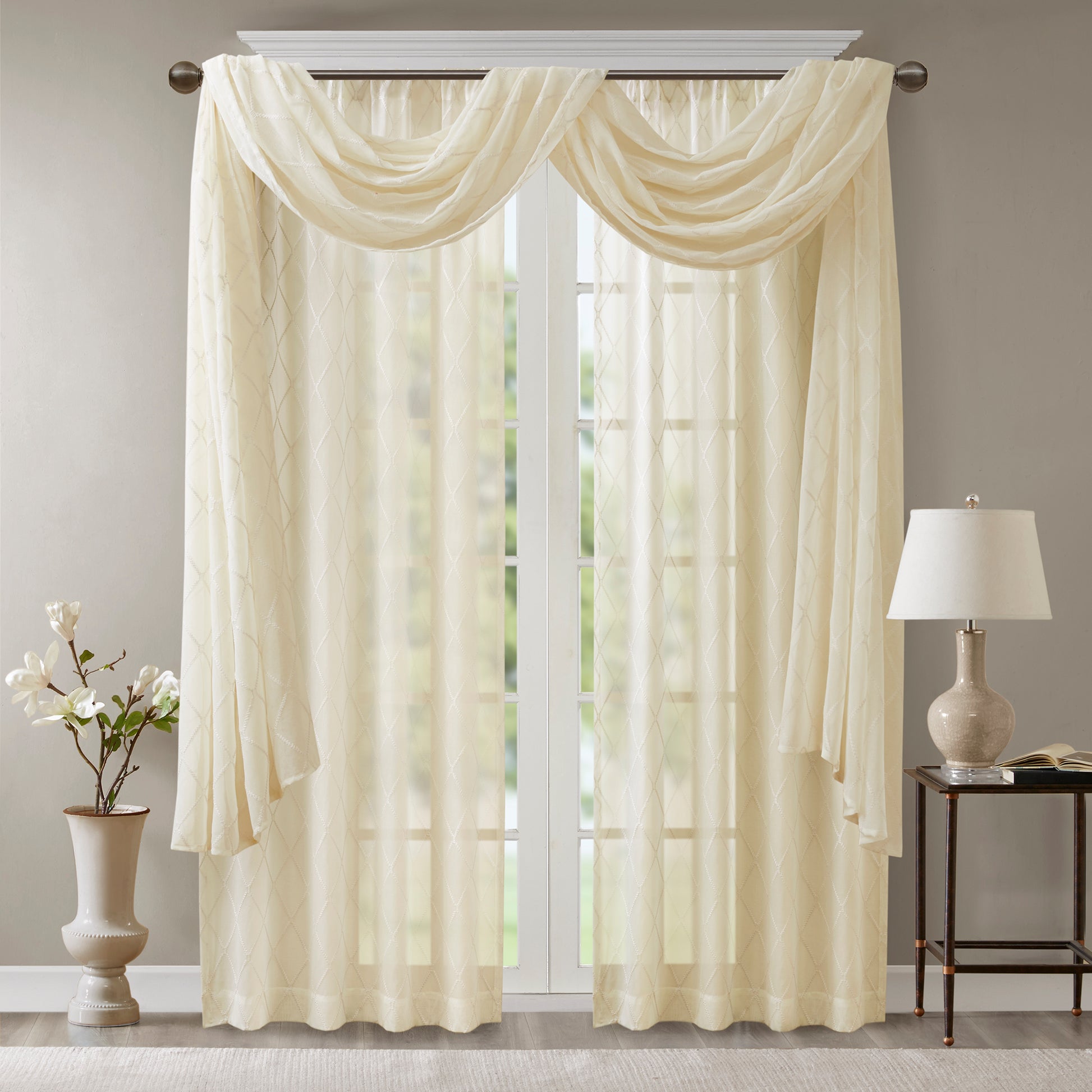 Madison Park Diamond Sheer Embroidered Waterfall Valance