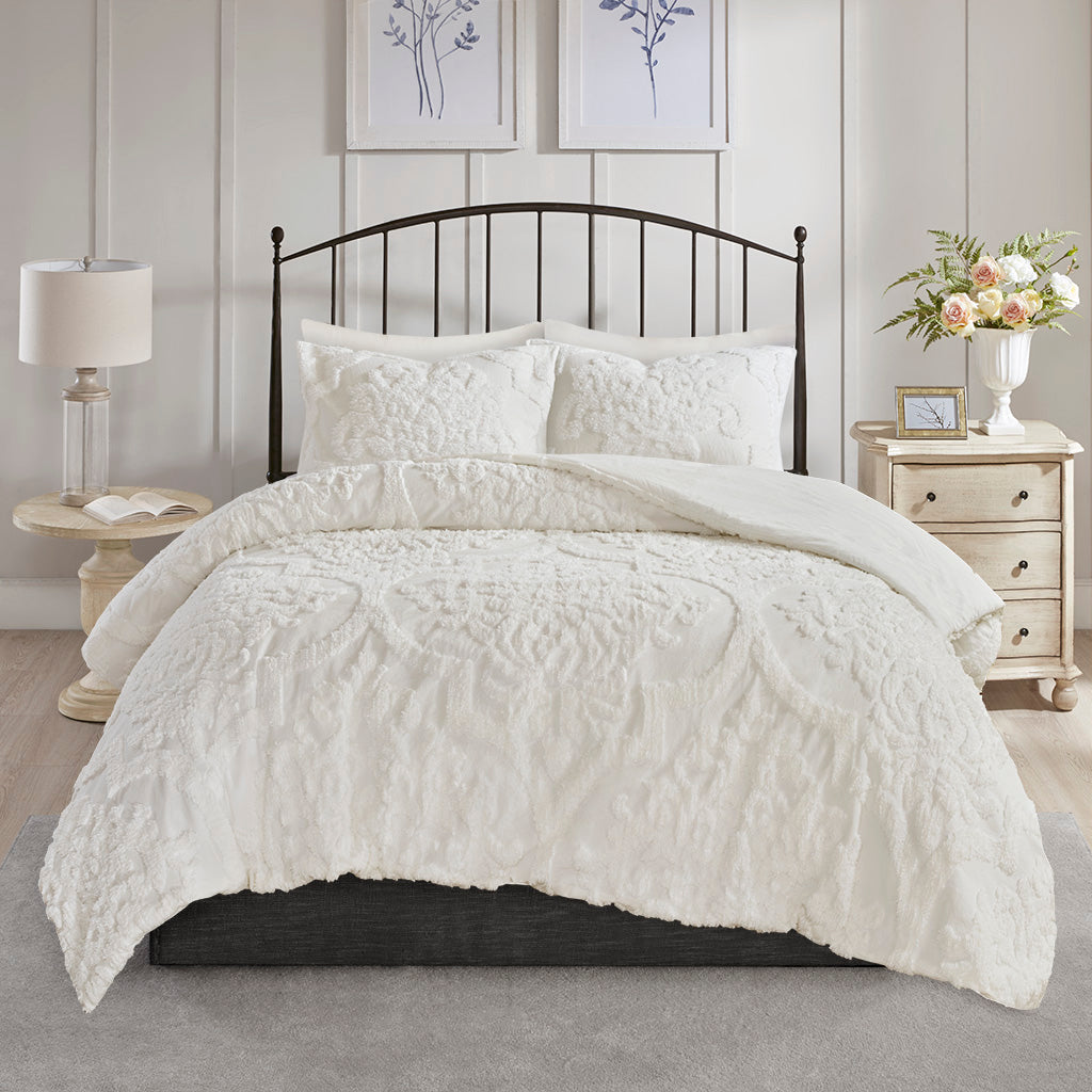 Madison Park 3 Piece Tufted Cotton Chenille Damask Comforter Set