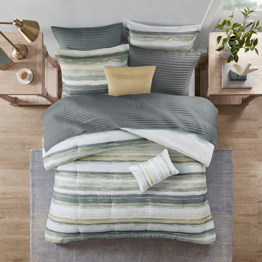 Madison Park 8 Piece Printed Seersucker Comforter and Quilt Set Collection