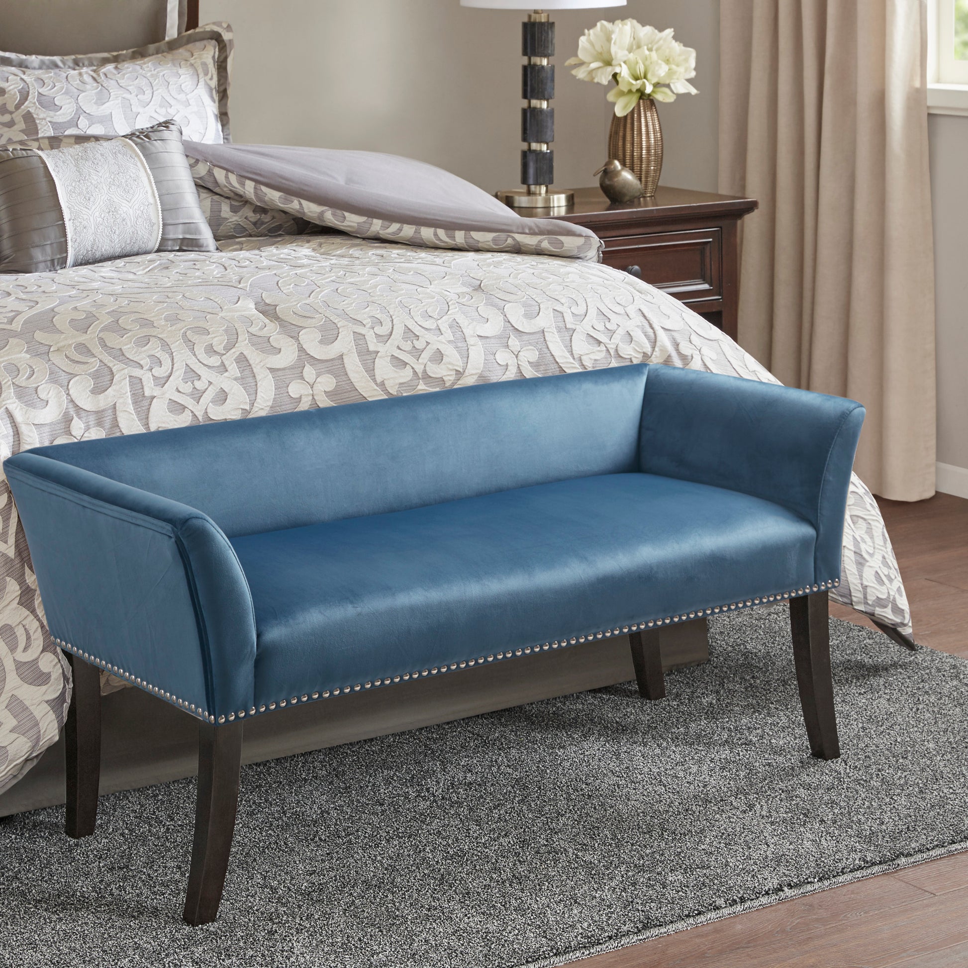 Madison Park Welburn 49.5" Upholstered Bench with Back & Wood Legs