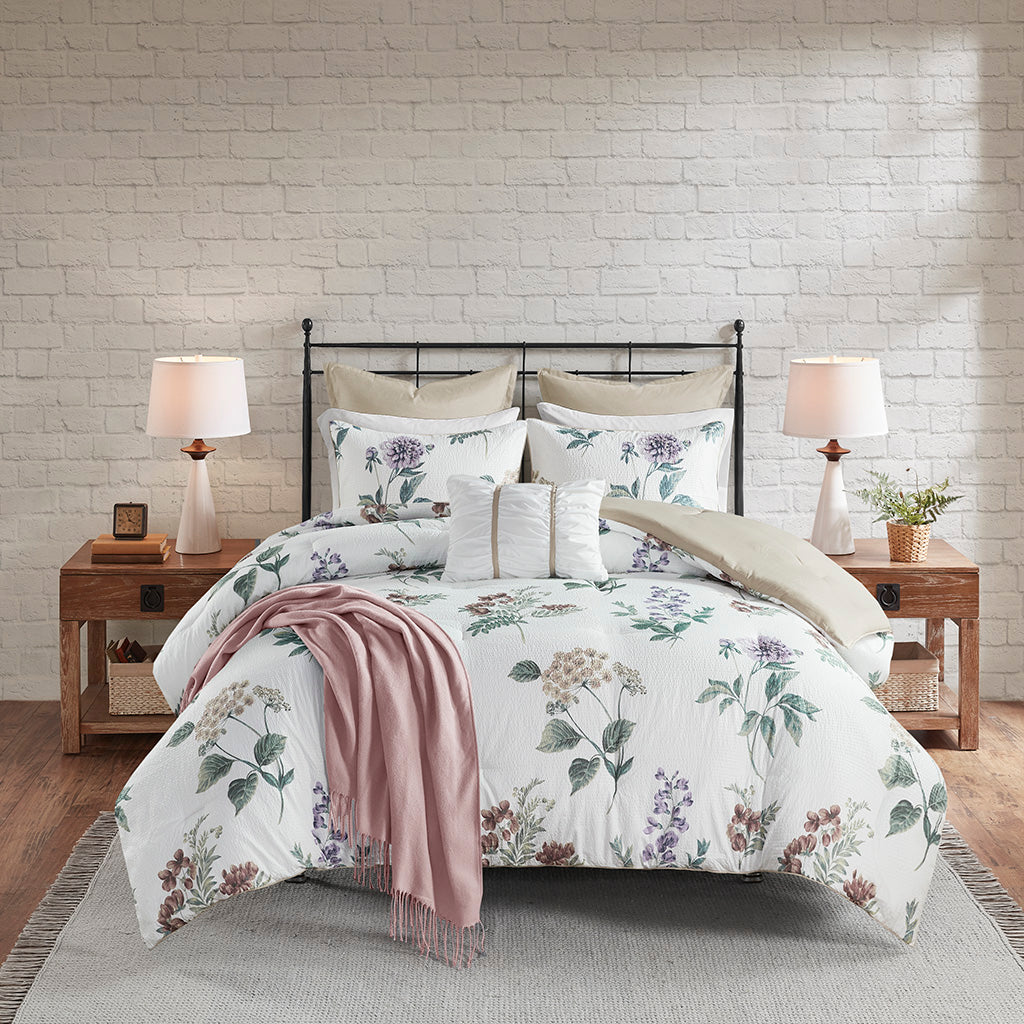 Madison Park 7 Piece Printed Seersucker Comforter Set with Throw Blanket