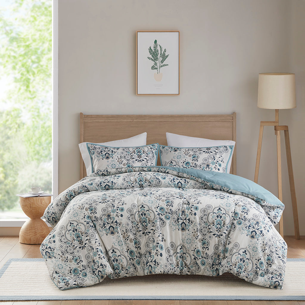 Madison Park 3 Piece Floral Printed Cotton Comforter Set