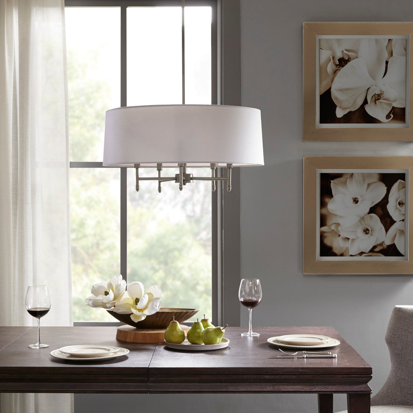 Hampton Hill Presidio 5-Light Dimmable Chandelier with Drum-shaped Fabric Shade & Adjustable Height