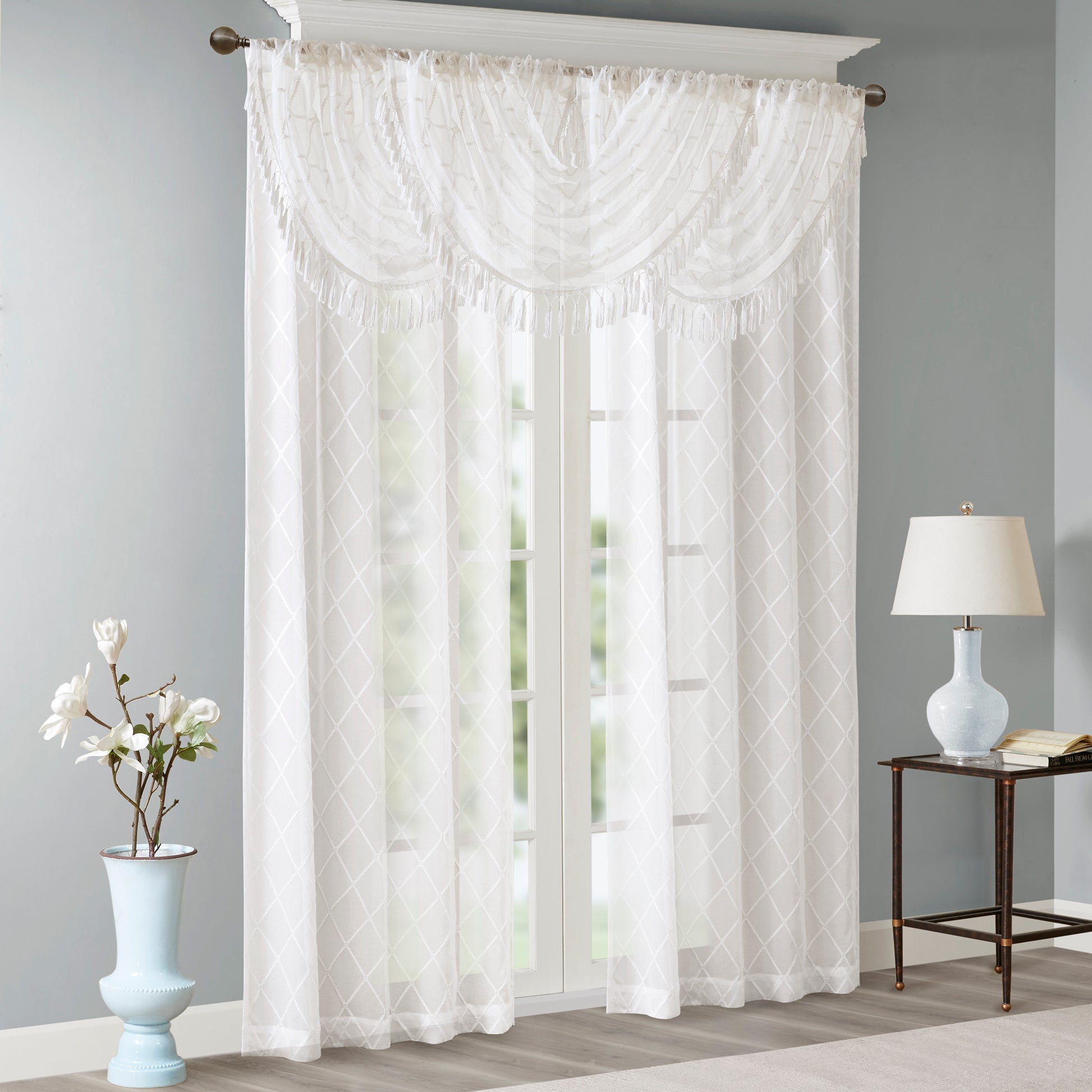 Madison Park Diamond Sheer Embroidered Waterfall Valance