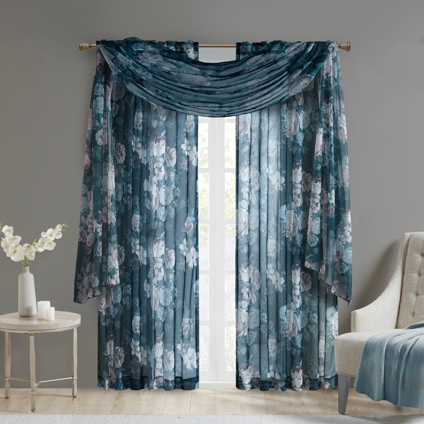 Madison Park Printed Floral Rod Pocket and Back Tab Voile Sheer Curtain