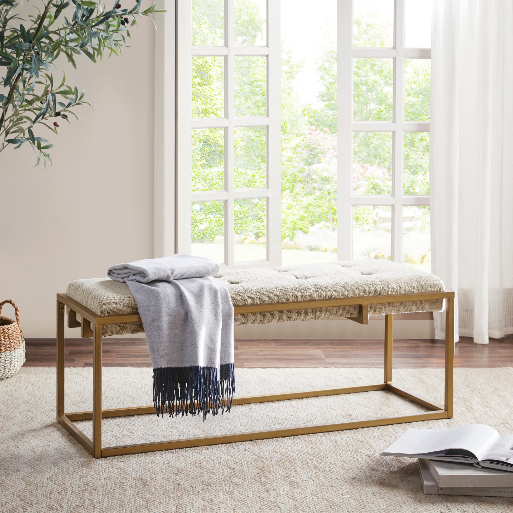 Madison Park Button-tufted Upholstered Metal Base Accent Bench
