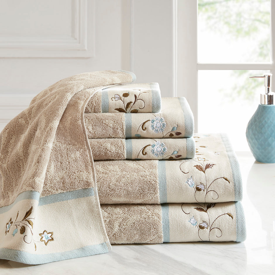 Madison Park Serene 6-Piece Cotton Bath Towel Set – Luxurious Jacquard With Floral Embroidery, Highly Absorbent, OEKO-TEX Certified