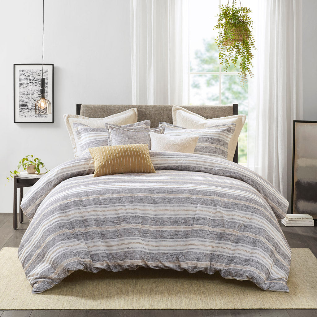 Madison Park Signature Oversized Chenille Jacquard Striped Comforter Set with Euro Shams and Throw Pillows