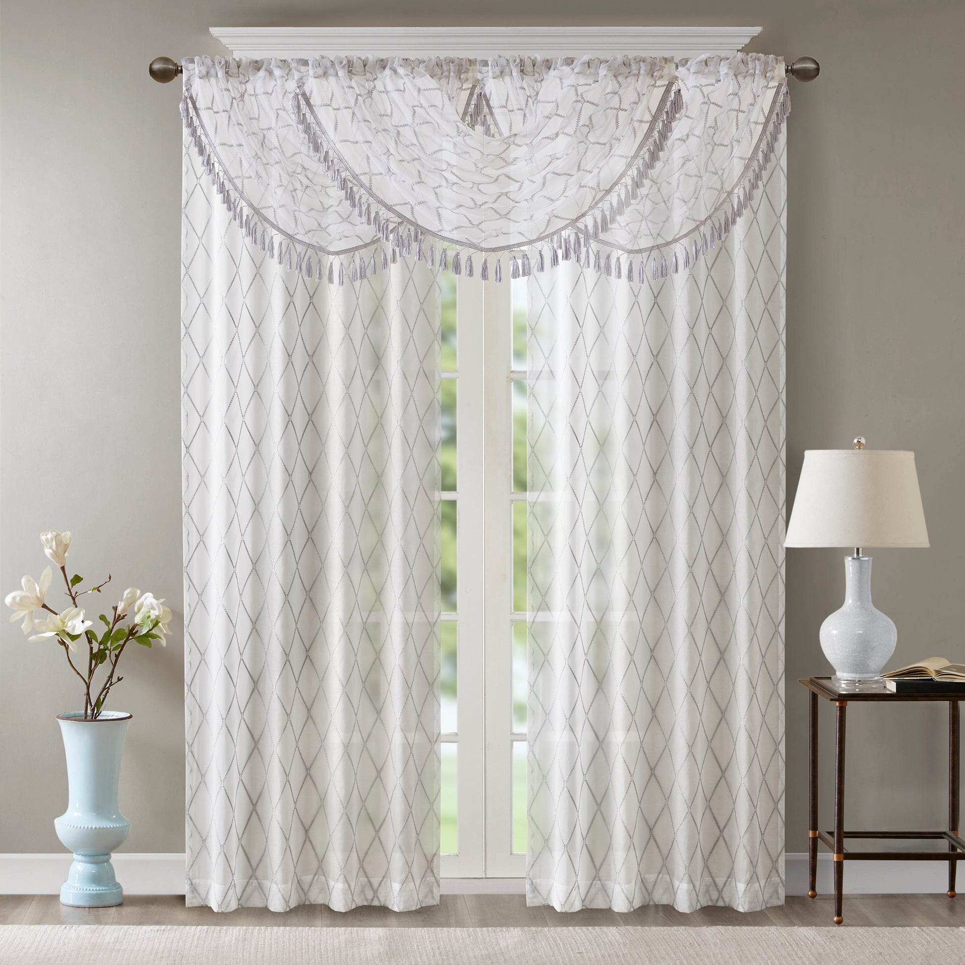 Madison Park Diamond Sheer Embroidered Waterfall Valance