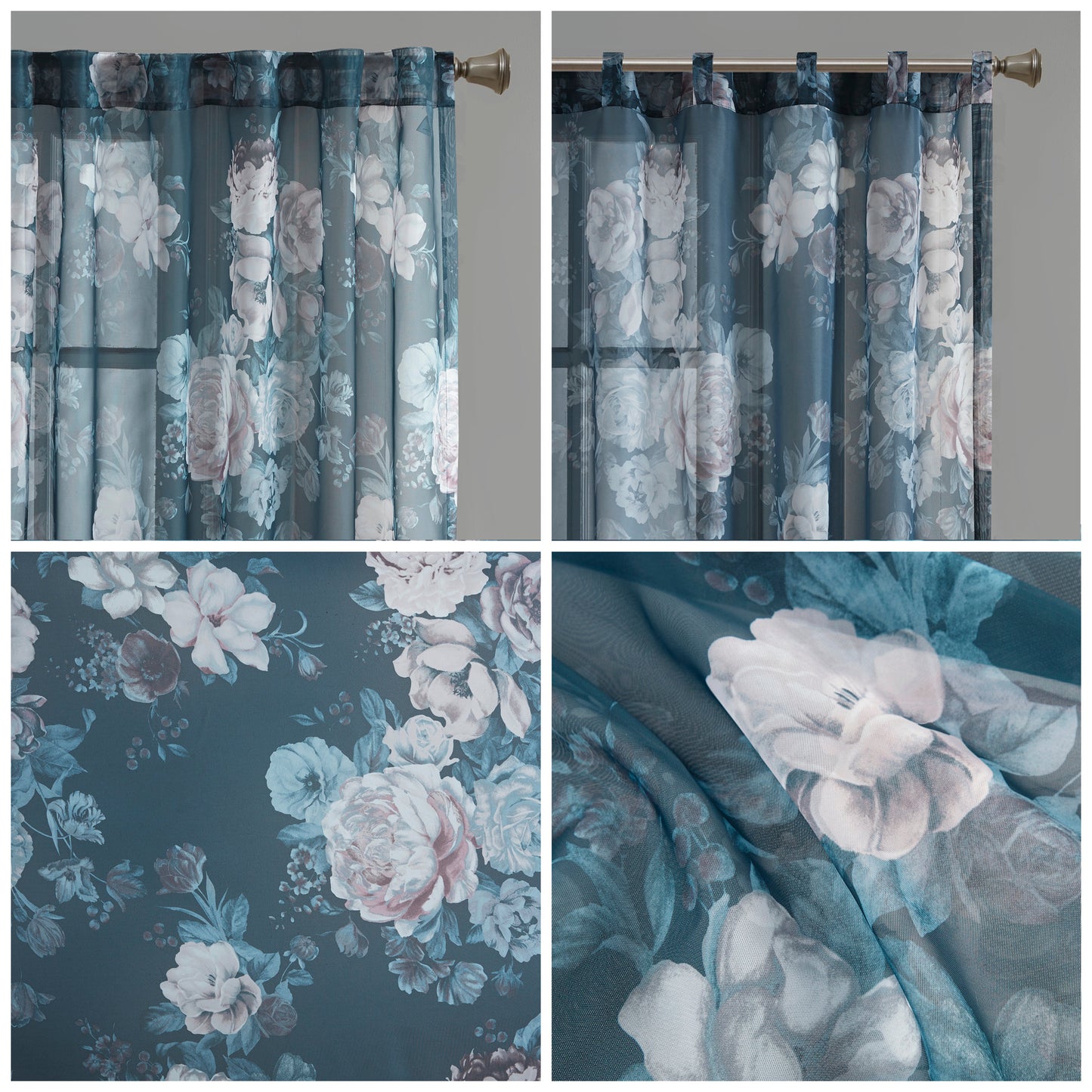 Madison Park Printed Floral Rod Pocket and Back Tab Voile Sheer Curtain