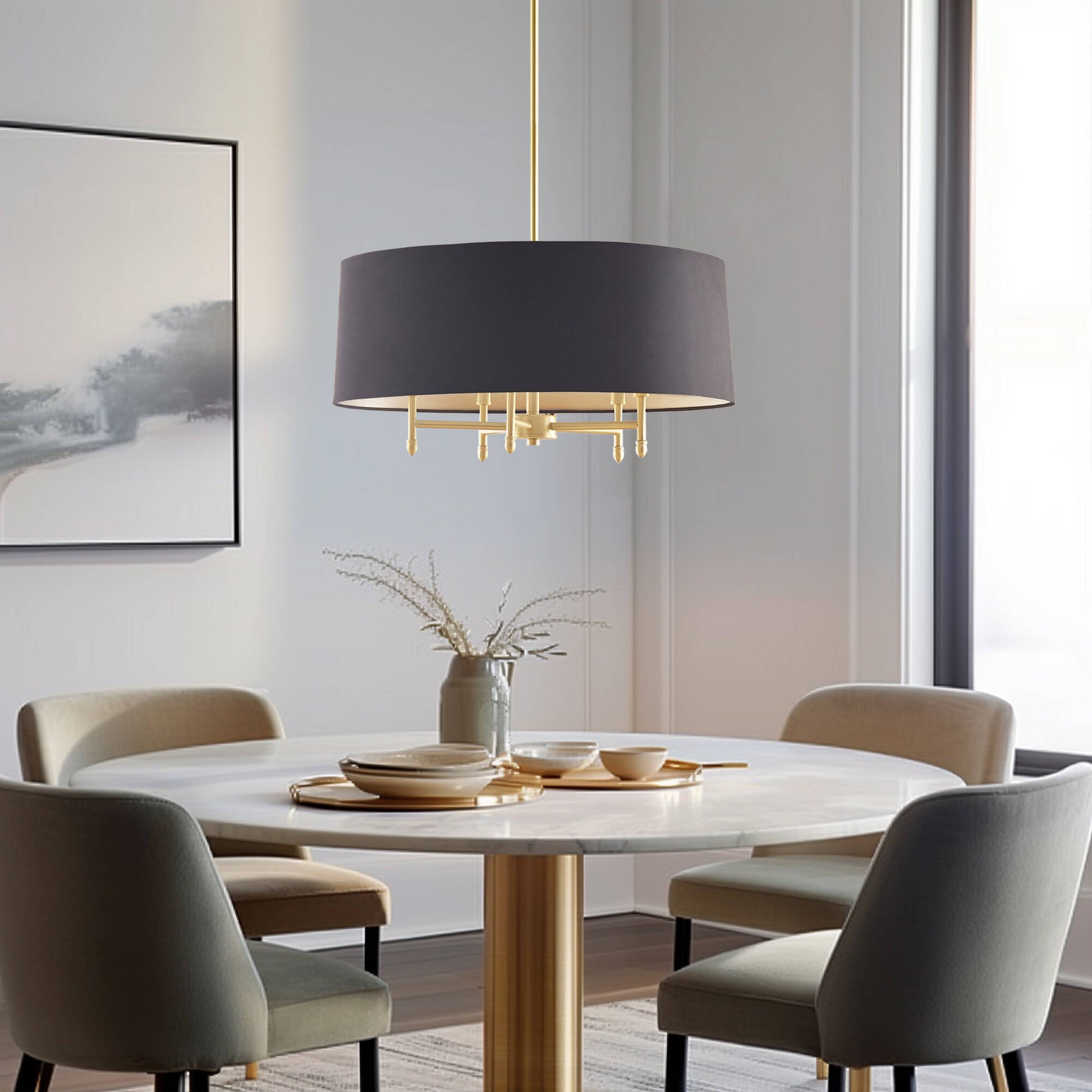 Hampton Hill Presidio 5-Light Dimmable Chandelier with Drum-shaped Fabric Shade & Adjustable Height