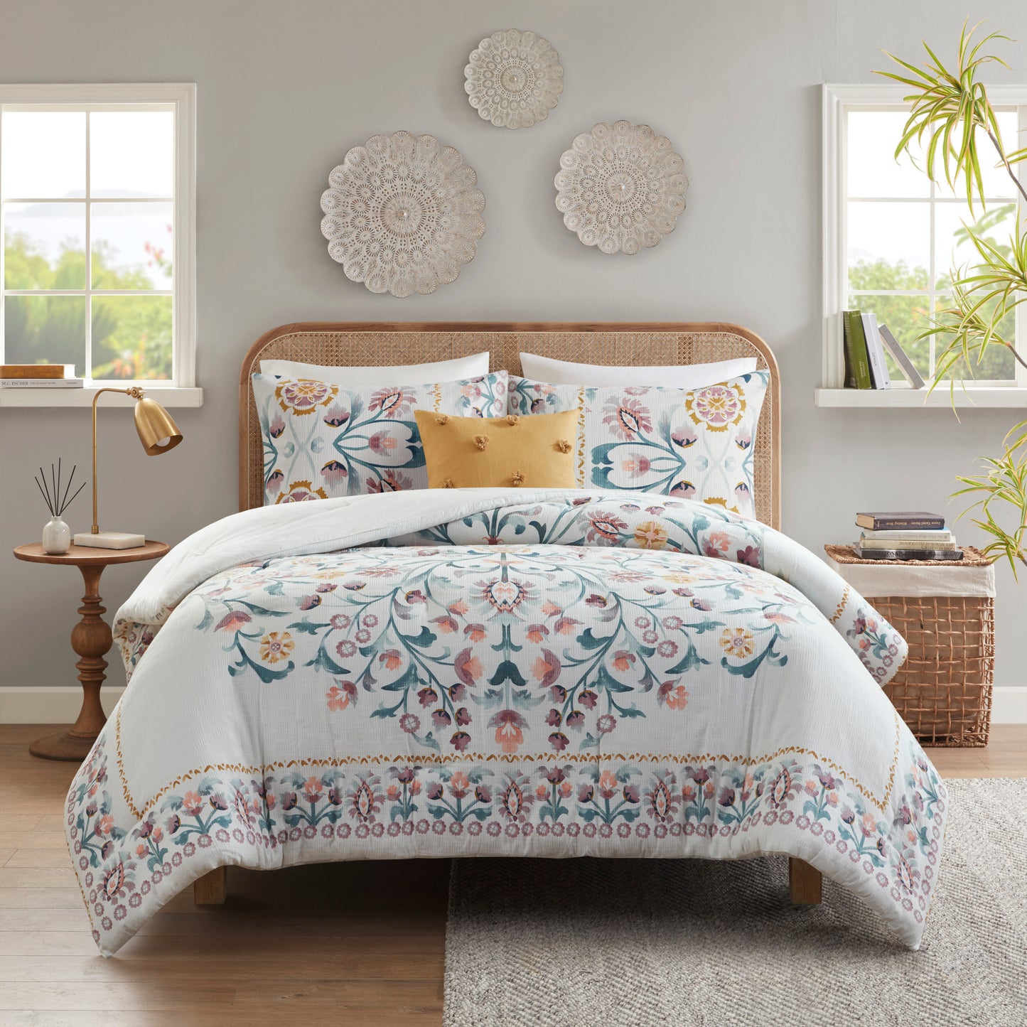 Madison Park 4 Piece Floral Comforter Set with Throw Pillow