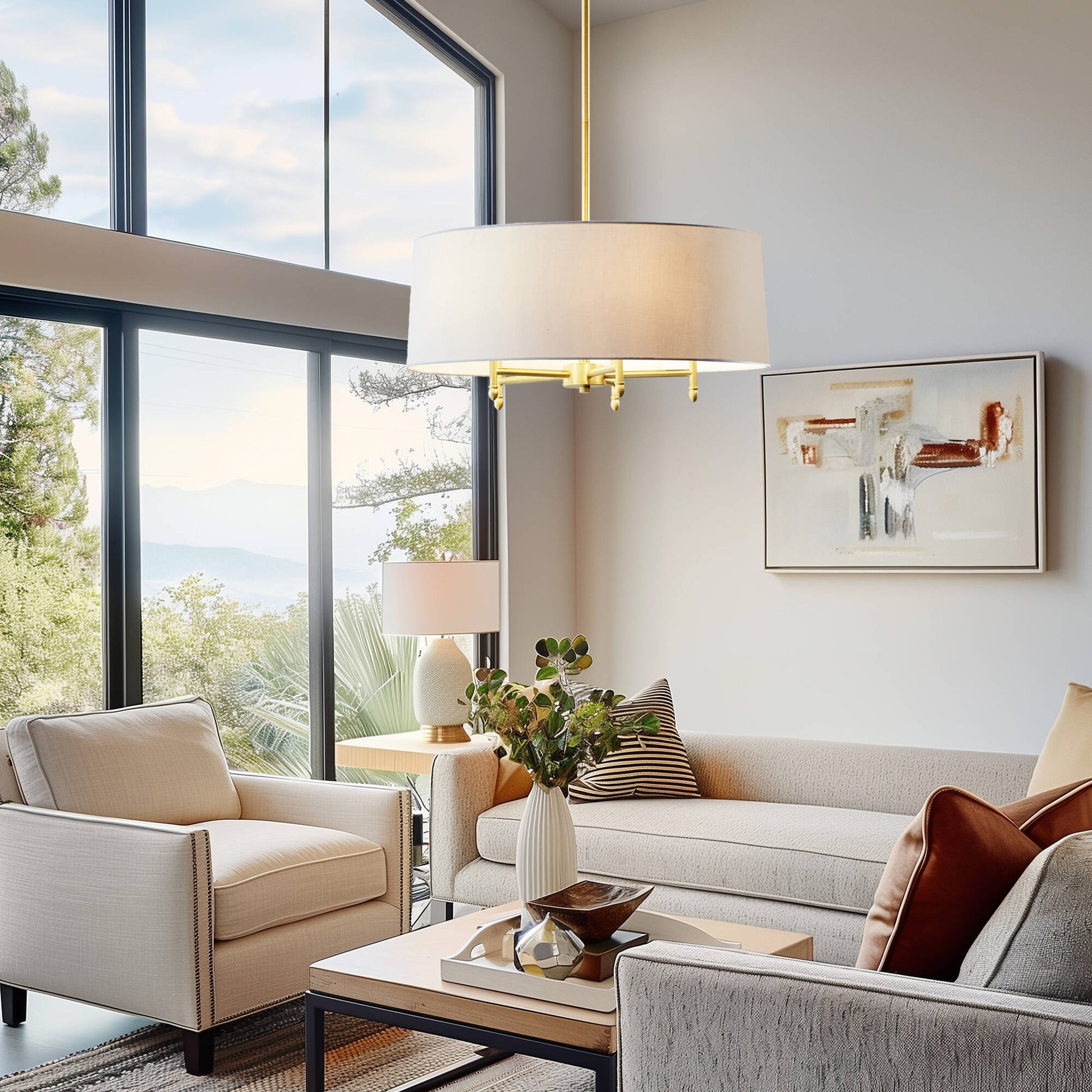 Hampton Hill Presidio 5-Light Dimmable Chandelier with Drum-shaped Fabric Shade & Adjustable Height