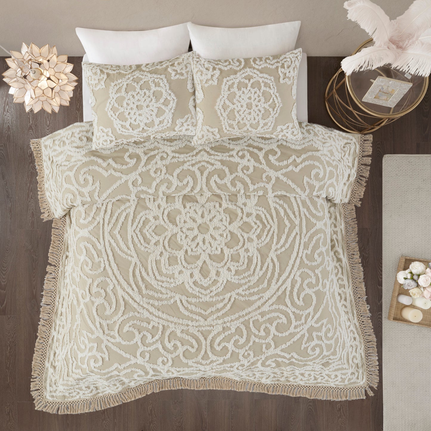 Madison Park Tufted Cotton Chenille Medallion Fringe Coverlet Mini Set