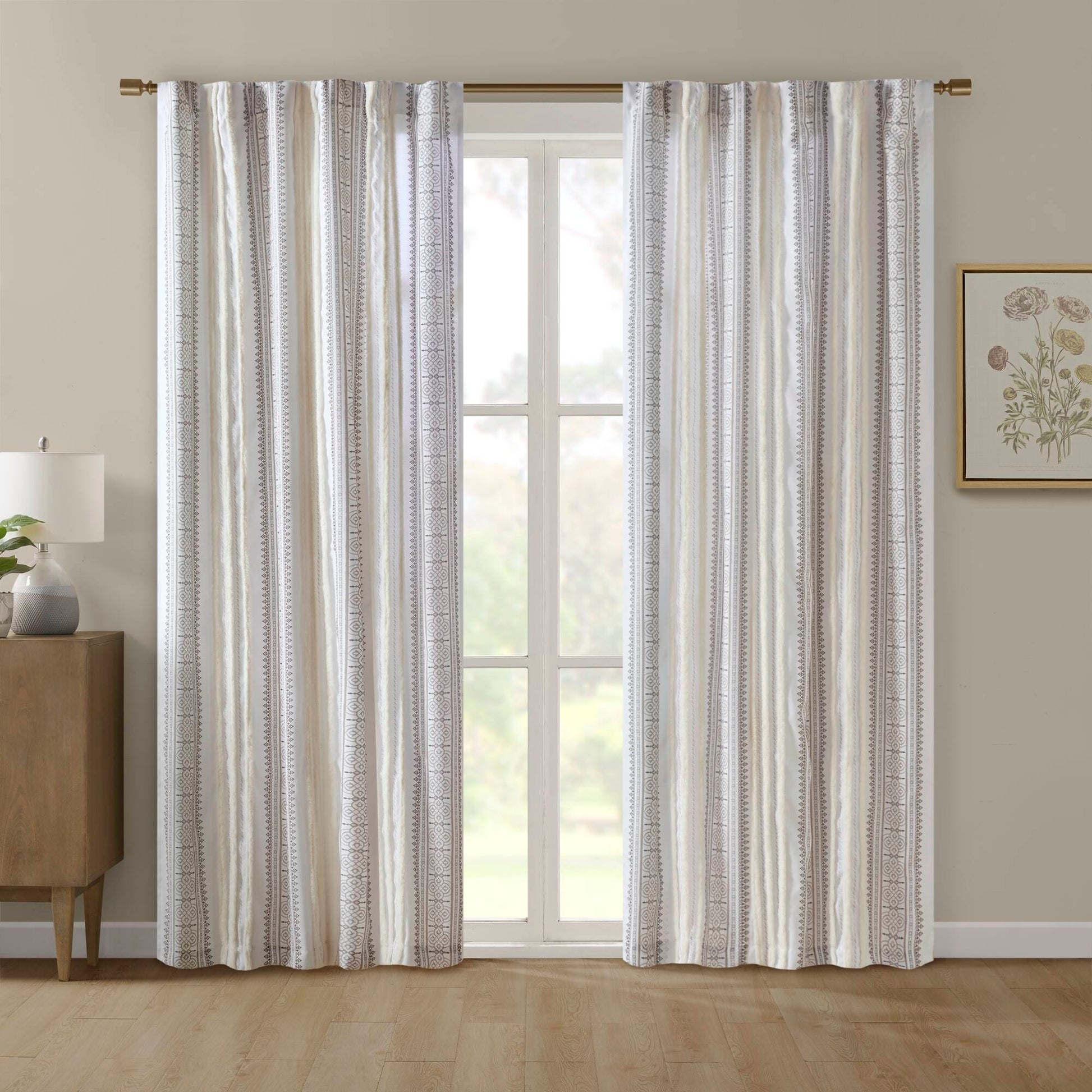 Madison Park Poly Printed Curtain Panel with Tufted Stripe and Lining