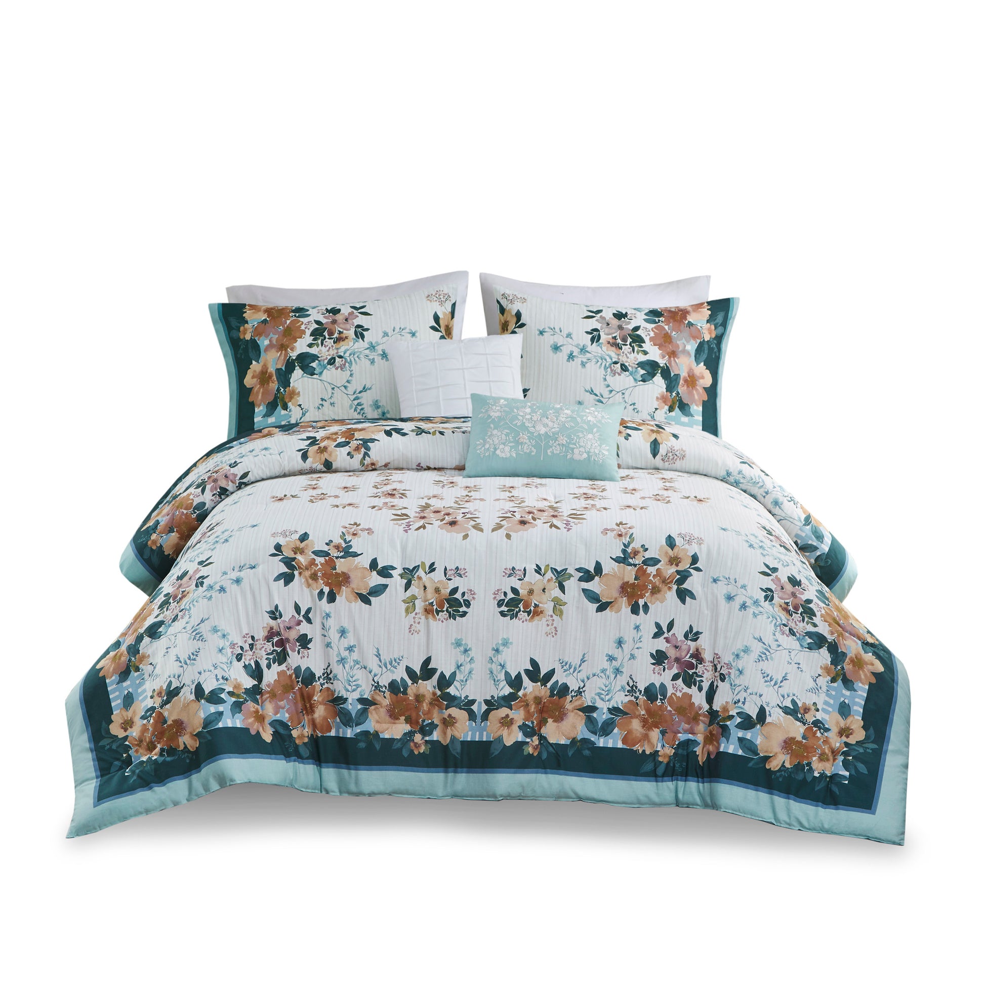 Madison Park 5 Piece Cotton Floral Comforter Set with Throw Pillows