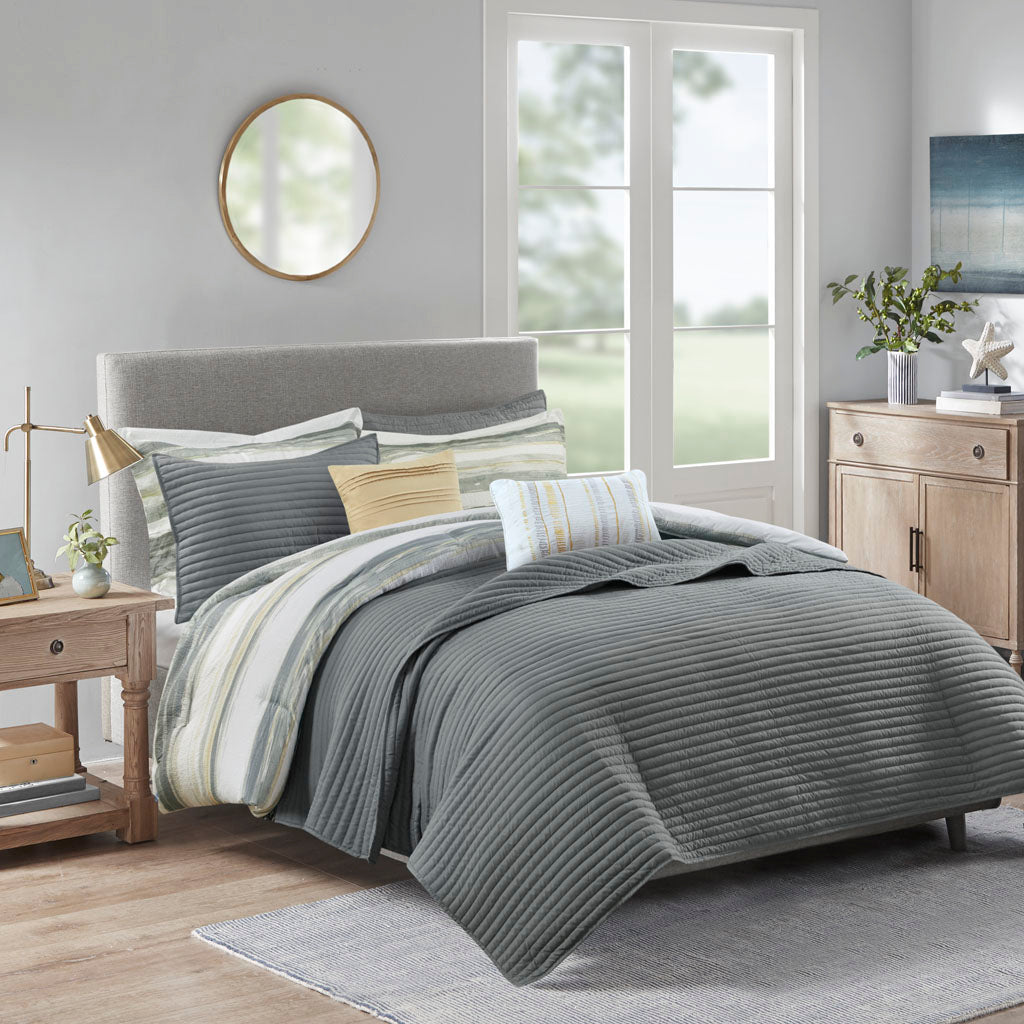 Madison Park 8 Piece Printed Seersucker Comforter and Quilt Set Collection