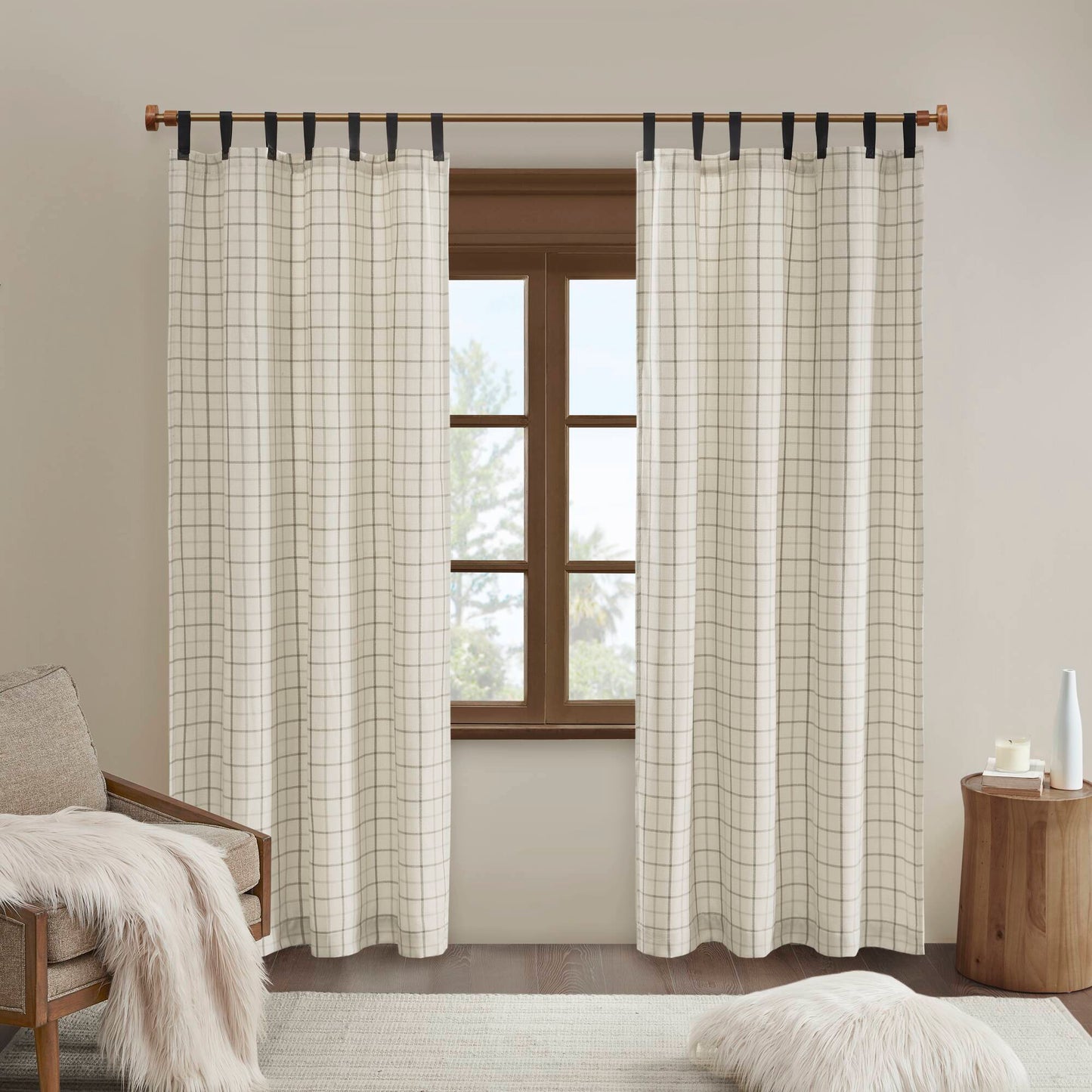 Madison Park Plaid Faux Leather Tab Top Curtain Panel with Fleece Lining