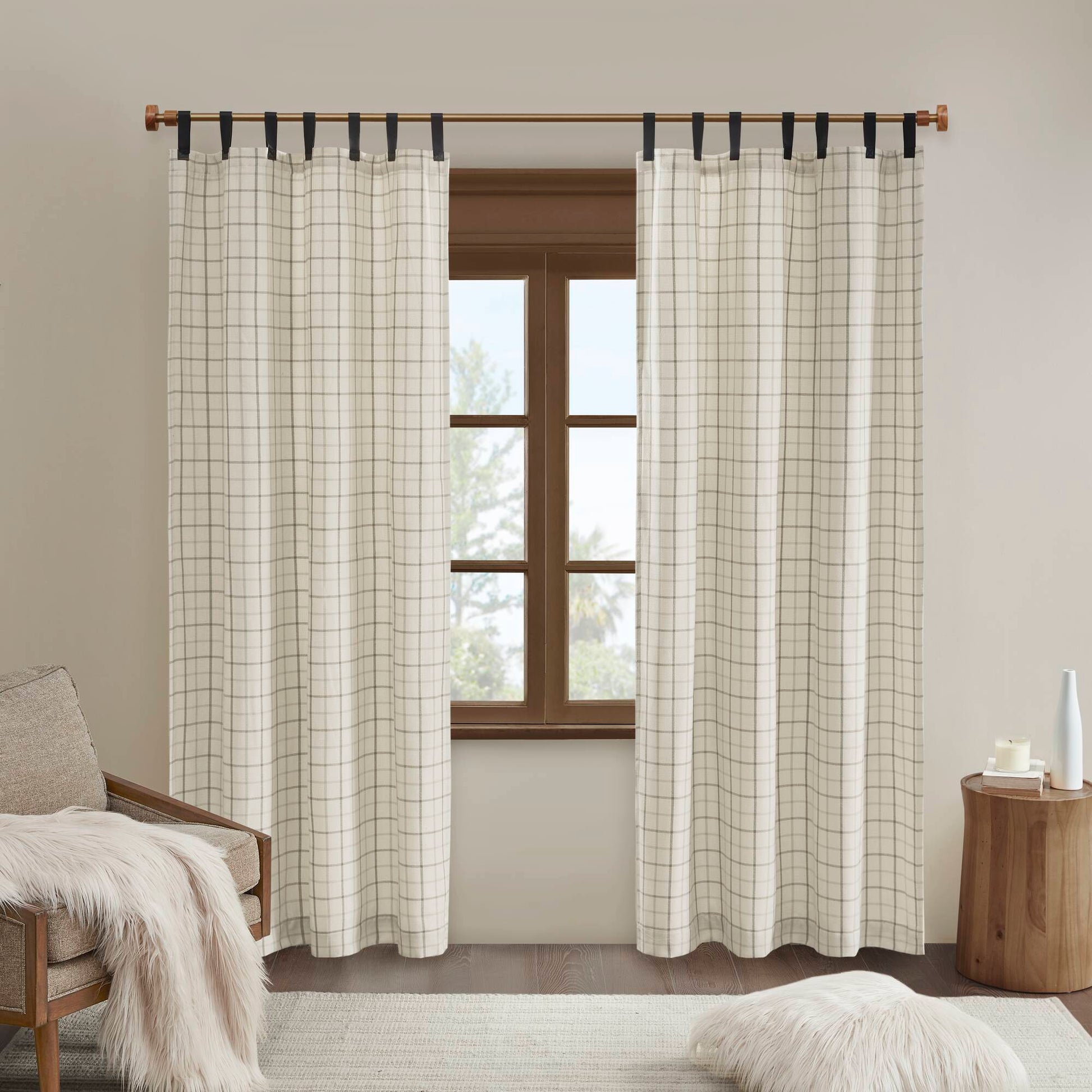 Madison Park Plaid Faux Leather Tab Top Curtain Panel with Fleece Lining