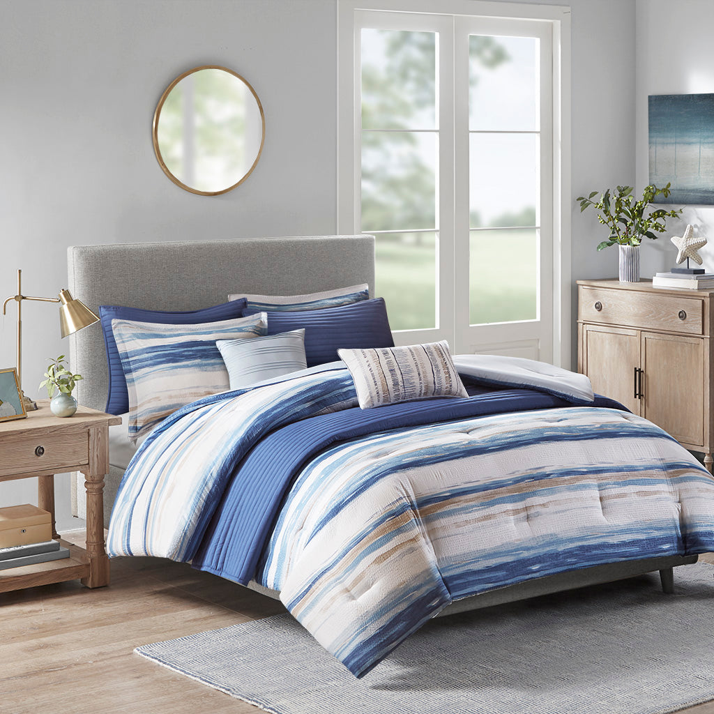 Madison Park 8 Piece Printed Seersucker Comforter and Quilt Set Collection