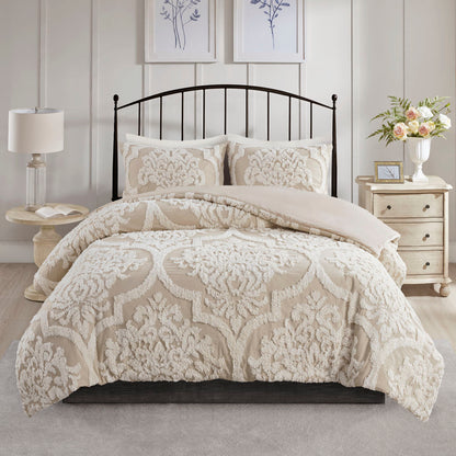 Madison Park 3 piece Tufted Cotton Chenille Damask Comforter Set