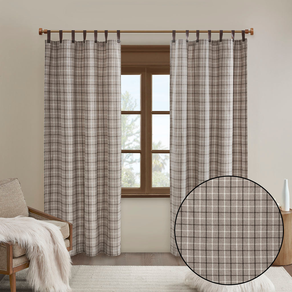 Madison Park Plaid Faux Leather Tab Top Curtain Panel with Fleece Lining