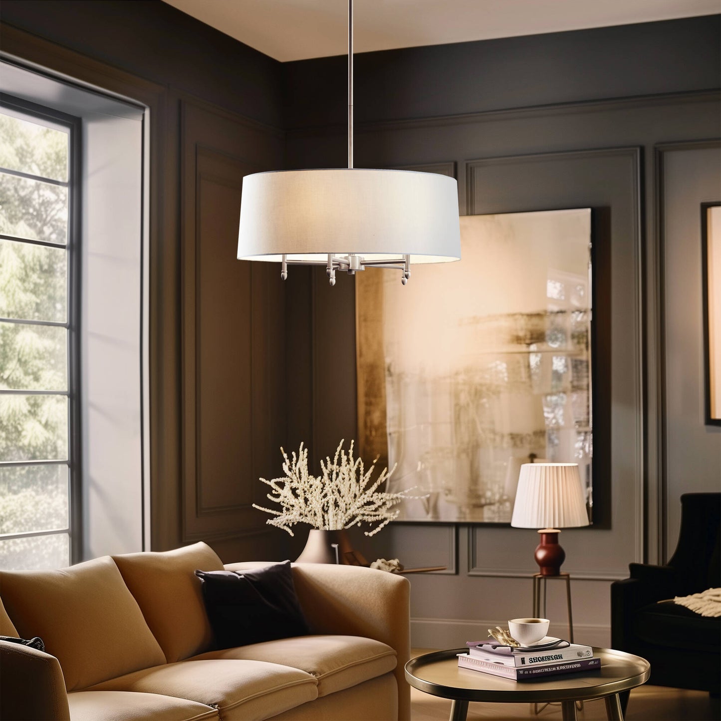 Hampton Hill Presidio 5-Light Dimmable Chandelier with Drum-shaped Fabric Shade & Adjustable Height