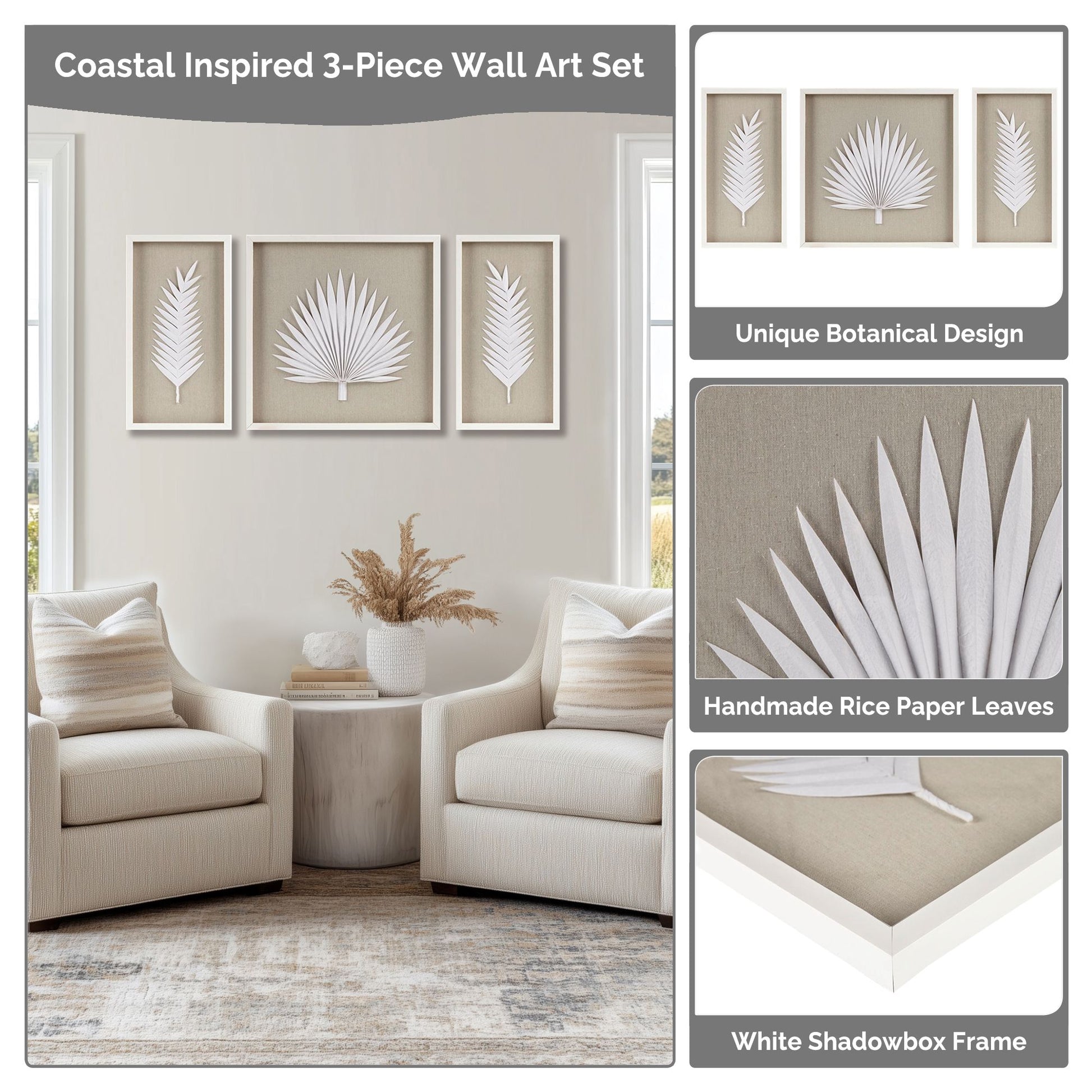 Madison Park Framed Rice Paper Palm Leaves 3-piece Shadowbox Wall Decor Set