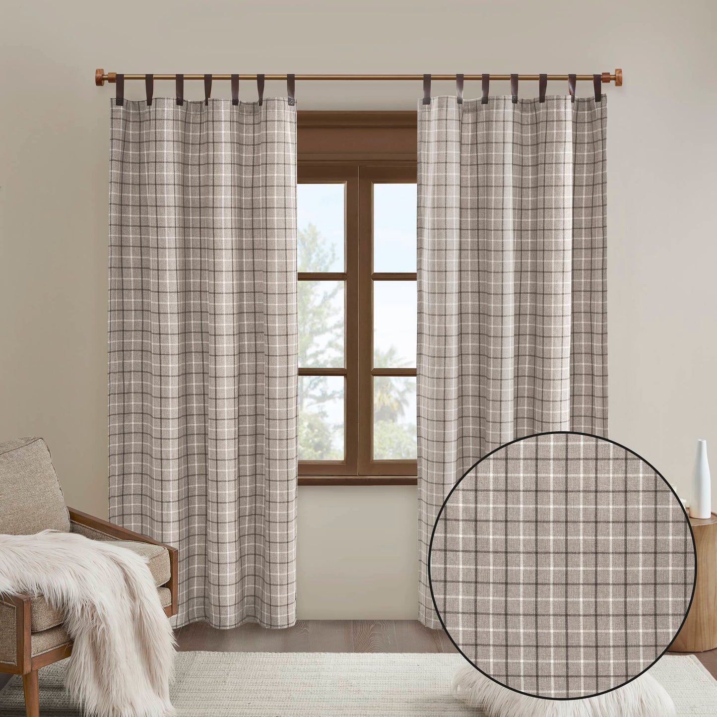 Madison Park Plaid Faux Leather Tab Top Curtain Panel with Fleece Lining
