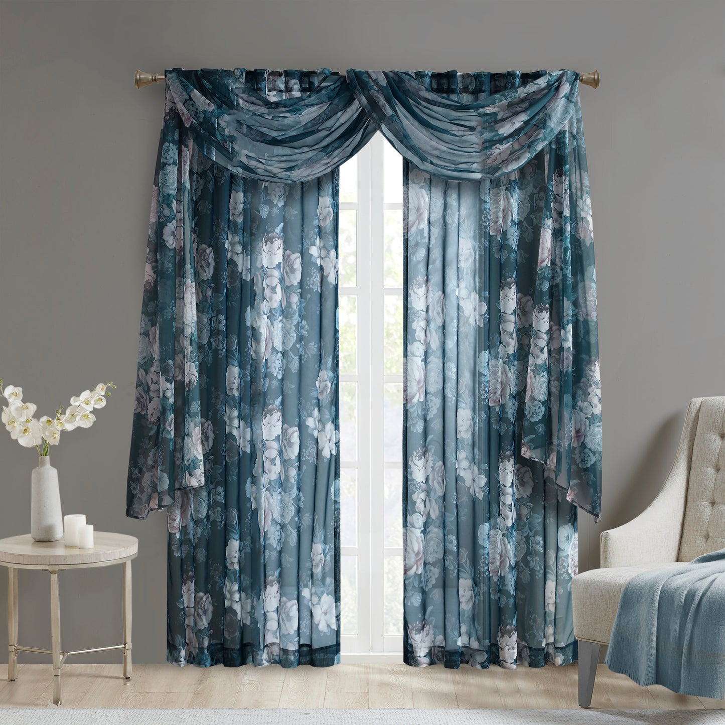 Madison Park Printed Floral Rod Pocket and Back Tab Voile Sheer Curtain