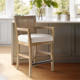 Diedra Reclaimed Wood Counter Stool with Natural Rattan Back and Upholstered Seat