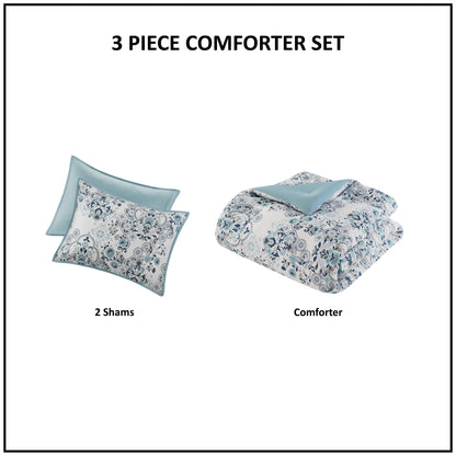 Madison Park 3 Piece Floral Printed Cotton Comforter Set