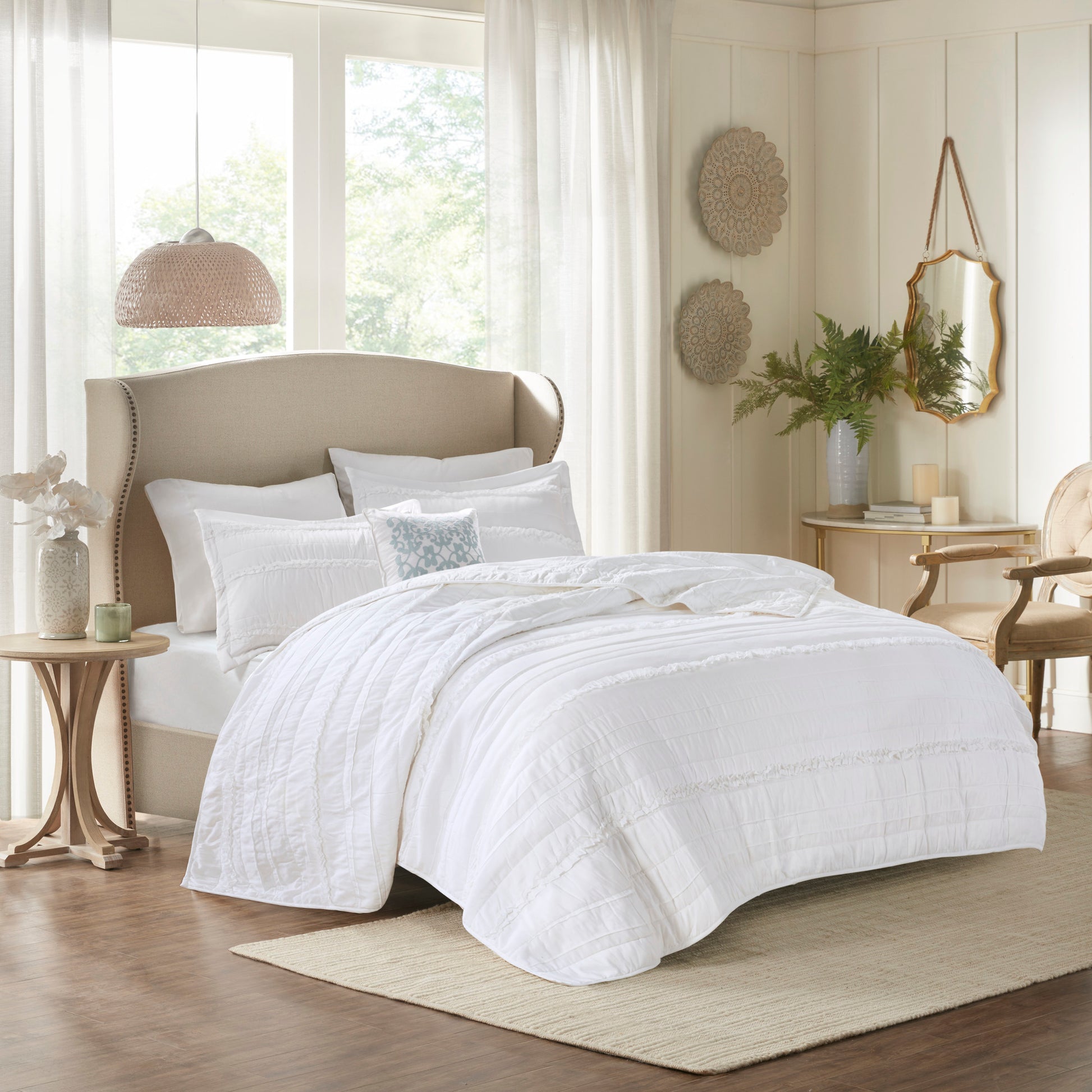 Madison Park 4 Piece Microfiber Reversible Ruffle Quilt Set with Throw Pillow