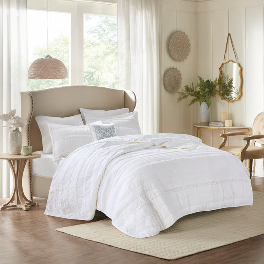 Madison Park 4 Piece Microfiber Reversible Ruffle Quilt Set with Throw Pillow
