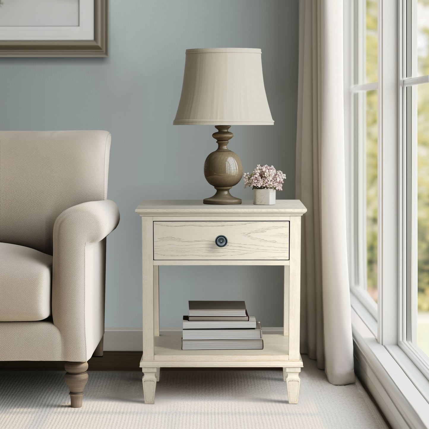 Victoria one-drawer wood bedside table with shelf