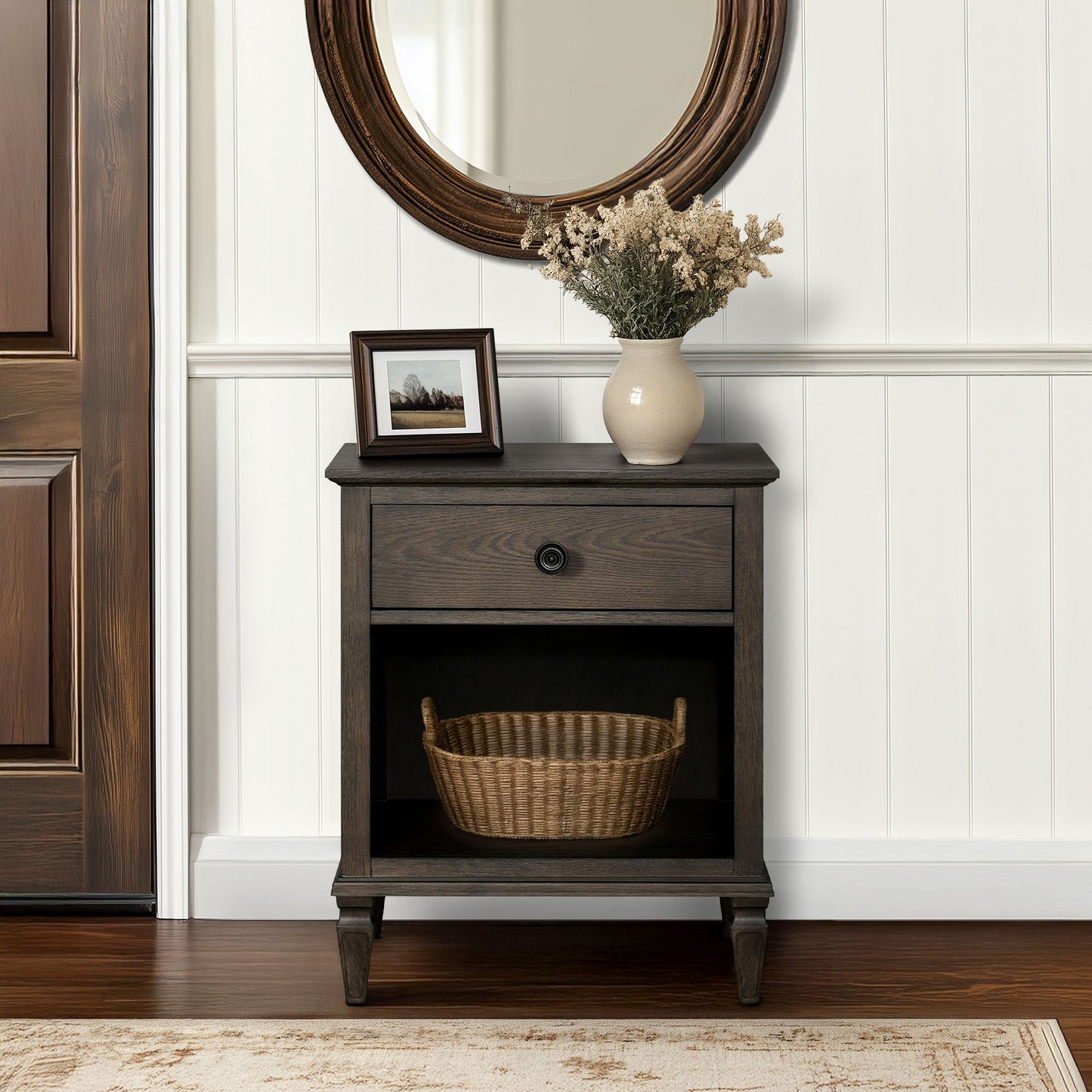 Victoria one-drawer wood nightstand with shelf