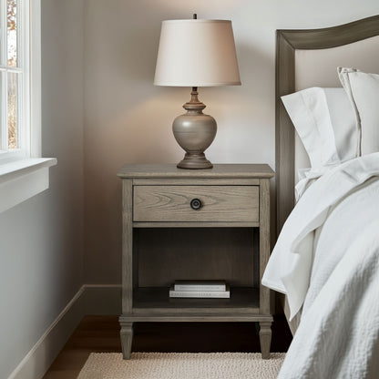 Victoria one-drawer wood nightstand with shelf