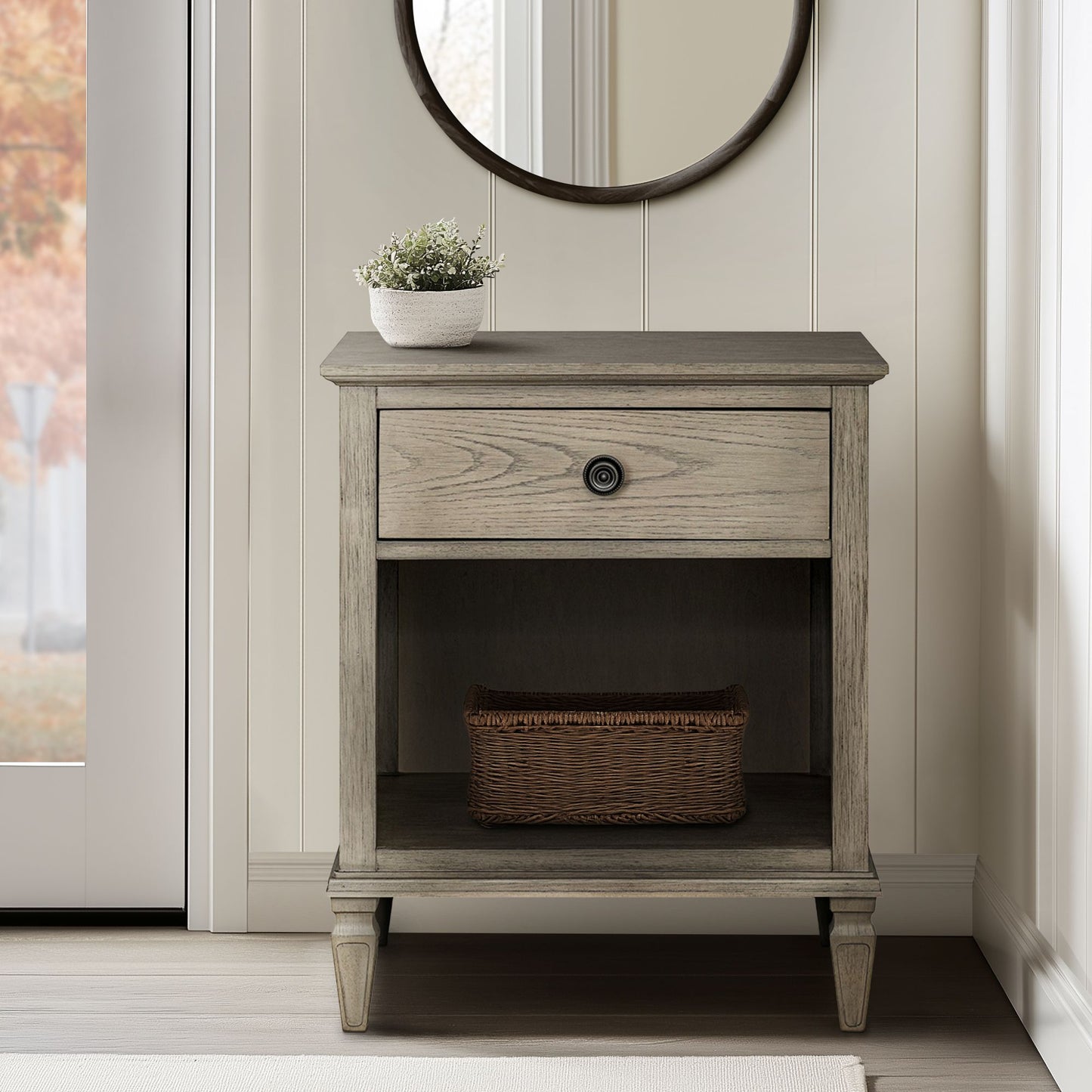 Victoria one-drawer wood nightstand with shelf